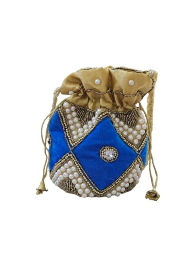 SuneshCreation Ethnic Potli Handbag with Beaded Handle, Floral Embroidery, Traditional Drawstring Purse, Velvet Wristlet (blue) - Image 3
